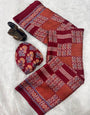 Zephyr Maroon Ajrakh Printed Gajji Soft Silk Saree With Scintilla Blouse Piece