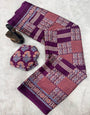 Ephemeral Purple Ajrakh Printed Gajji Soft Silk Saree With Fragrant Blouse Piece