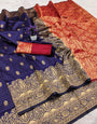 Skinny Navy Blue Soft Silk Saree With Allure Blouse Piece