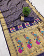 Gorgeous Navy Blue Paithani Silk Saree With Moiety Blouse Piece