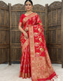 Desultory Red Banarasi Dola Silk Saree With Ravishing Blouse Piece