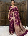 Pleasant Wine Banarasi Dola Silk Saree With Sensational Blouse Piece