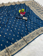 Incredible Navy Blue Pure Zari Weaving Banarasi Silk Saree With Panache Blouse Piece