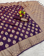 Beautiful Wine Pure Zari Weaving Banarasi Silk Saree With Eloquence Blouse Piece