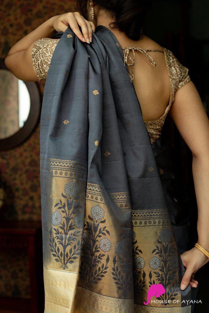 Ineffable Grey Soft Silk Saree With Elision Blouse Piece