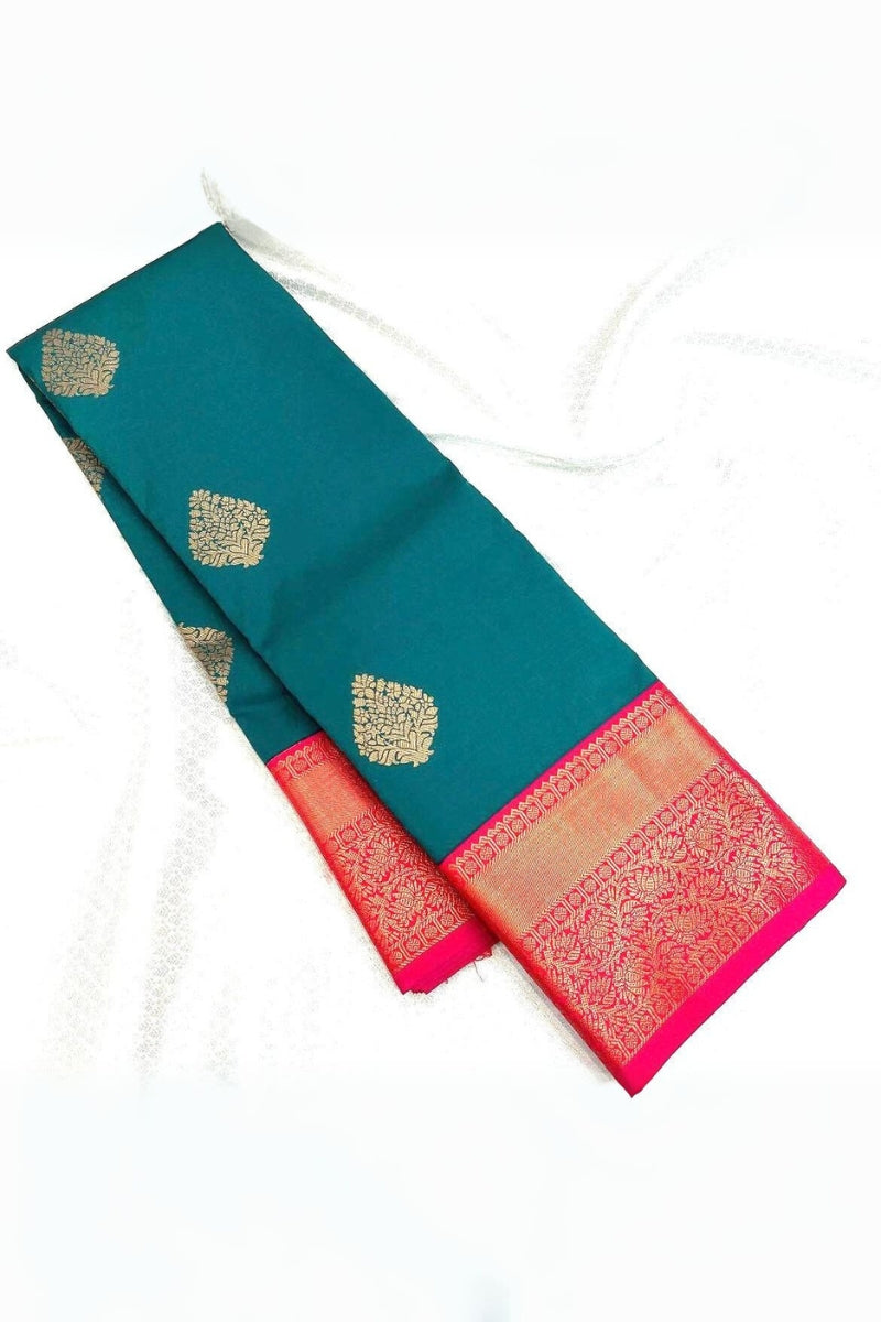 Scrupulous Rama Soft Banarasi Silk Saree With Invaluable Blouse Piece
