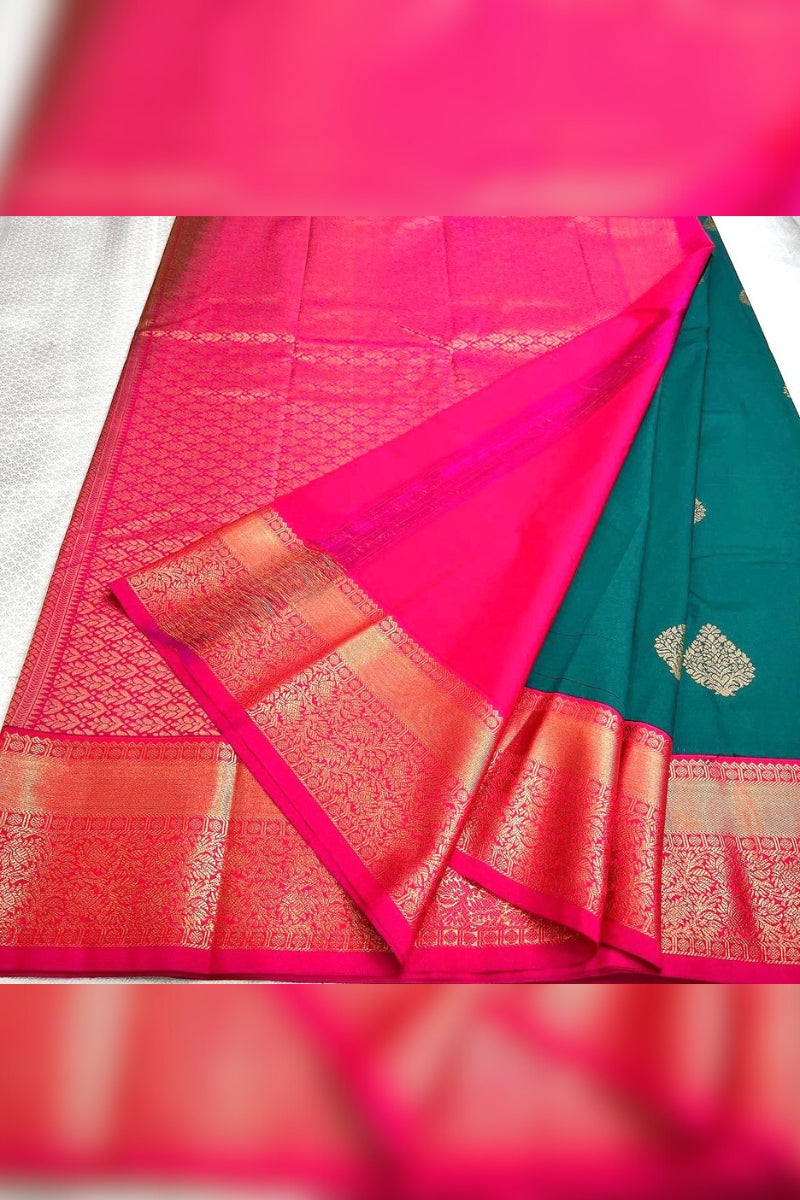 Scrupulous Rama Soft Banarasi Silk Saree With Invaluable Blouse Piece