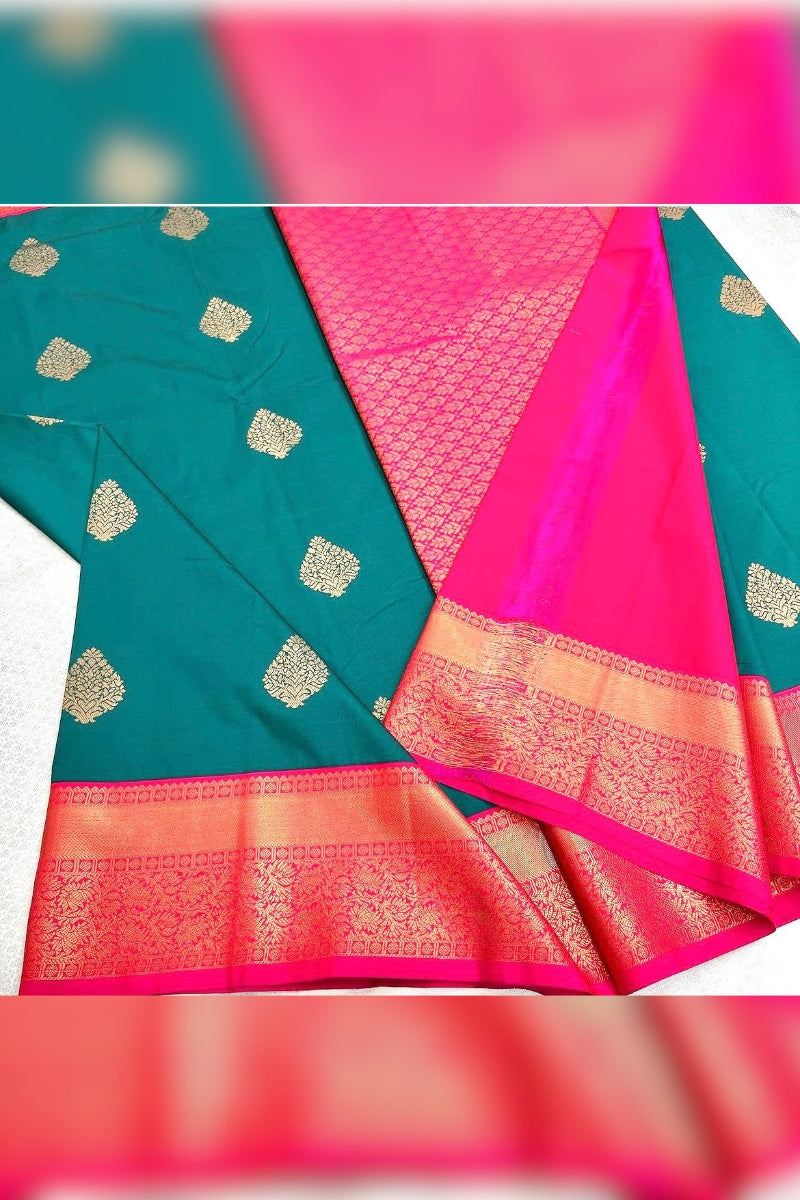 Scrupulous Rama Soft Banarasi Silk Saree With Invaluable Blouse Piece