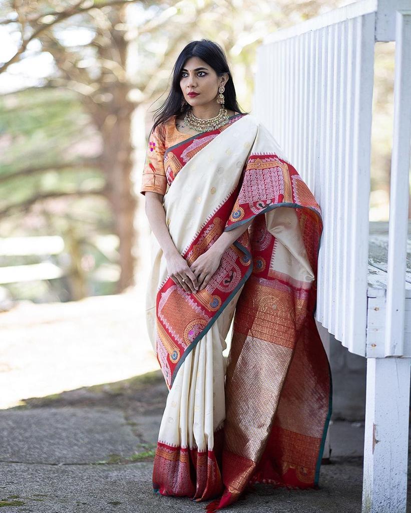 Exuberant Off White Soft Banarasi Silk Saree With Beauteous Blouse Piece