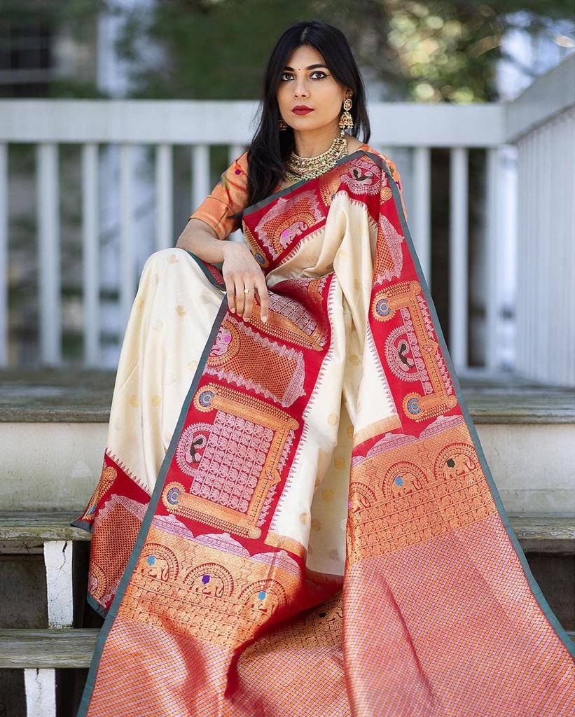 Exuberant Off White Soft Banarasi Silk Saree With Beauteous Blouse Piece