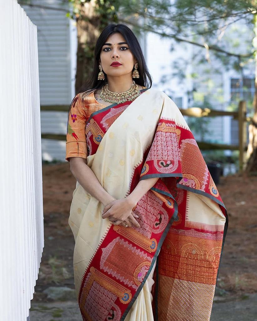 Exuberant Off White Soft Banarasi Silk Saree With Beauteous Blouse Piece