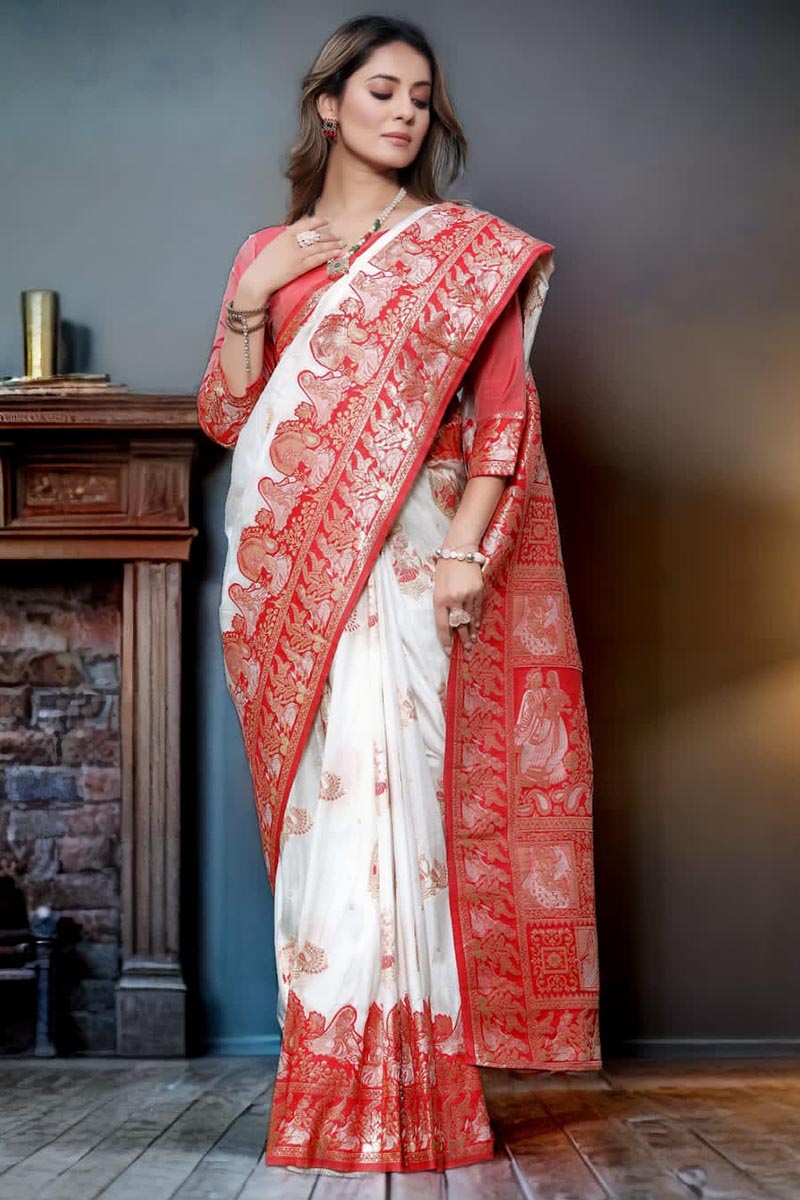 Embellished White Soft Banarasi Silk Saree With Skinny Blouse Piece