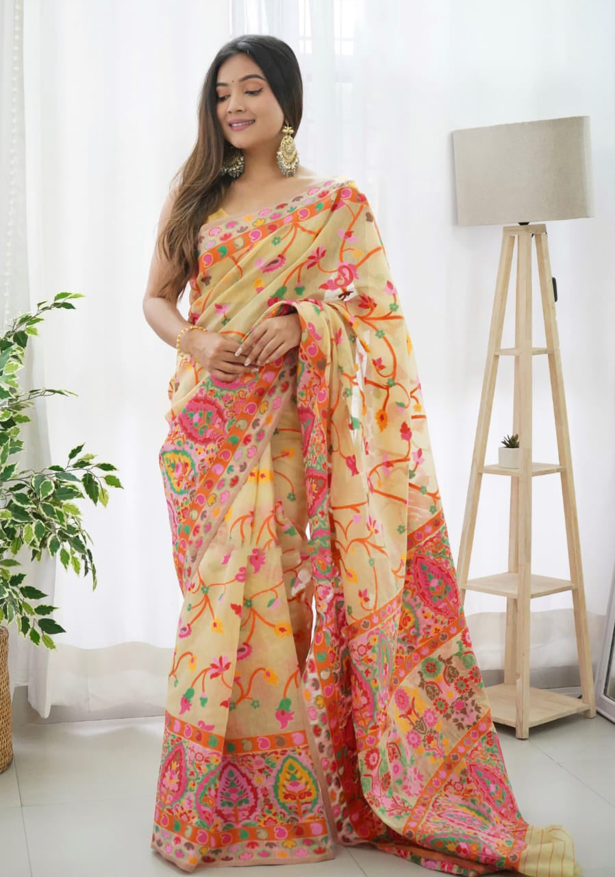 Pavlova Beige Kashmiri Modal Pashmina Silk Saree