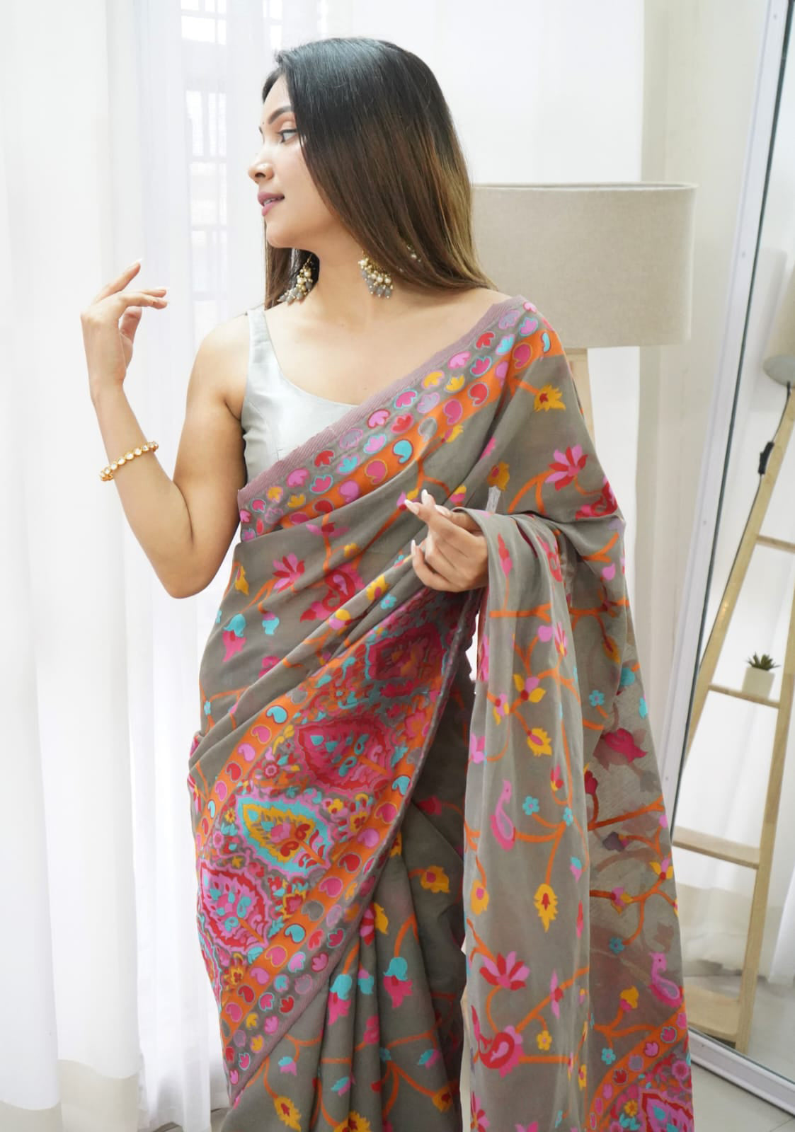 Smoky Grey Kashmiri Modal Pashmina Silk Saree