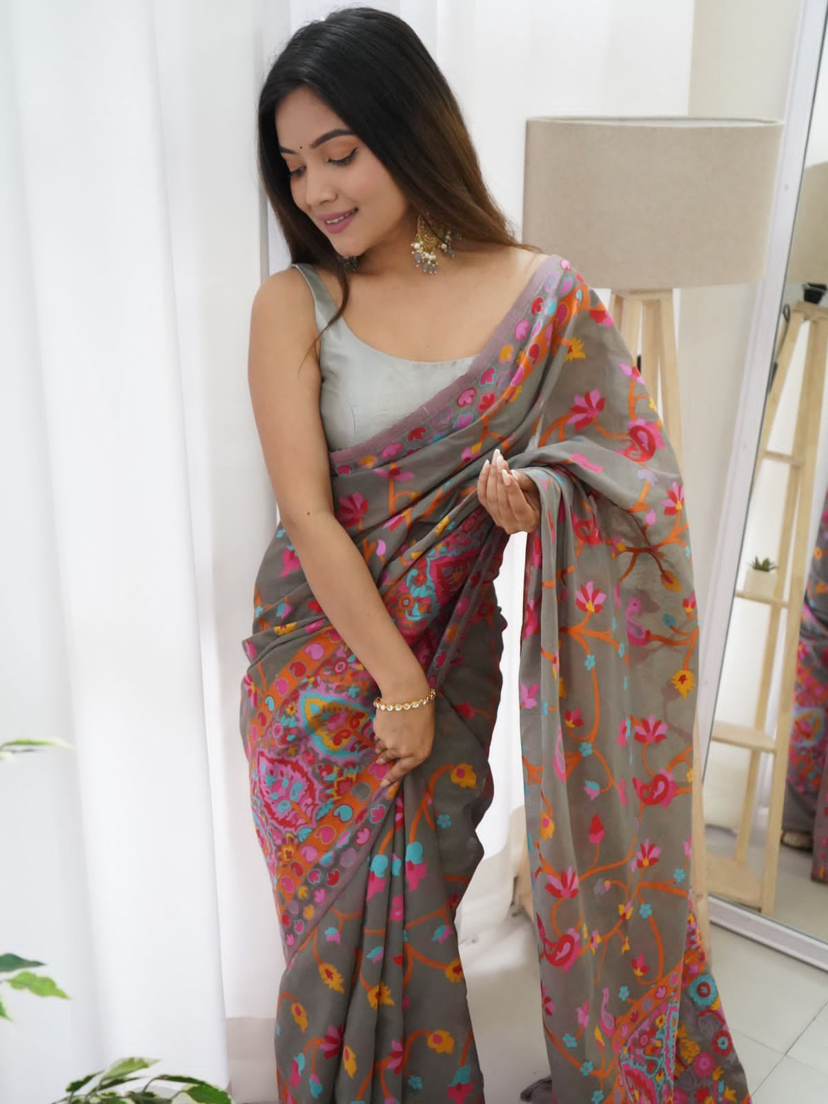 Smoky Grey Kashmiri Modal Pashmina Silk Saree