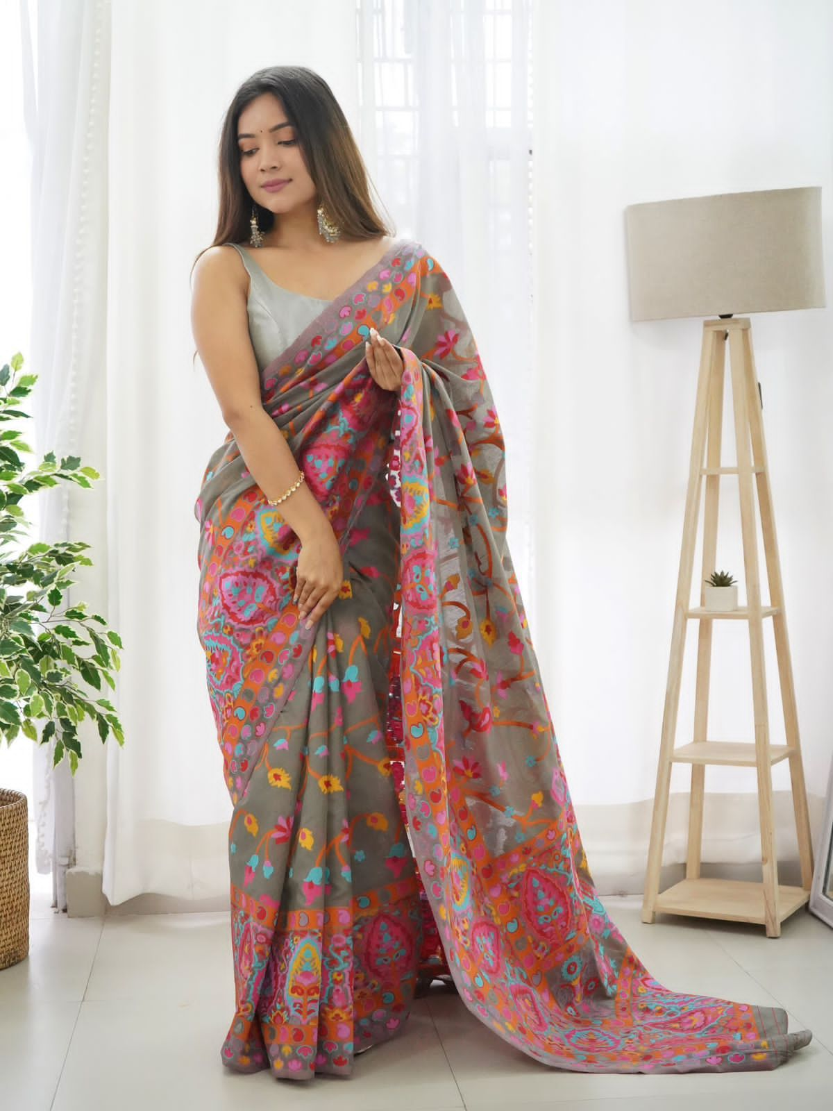 Smoky Grey Kashmiri Modal Pashmina Silk Saree