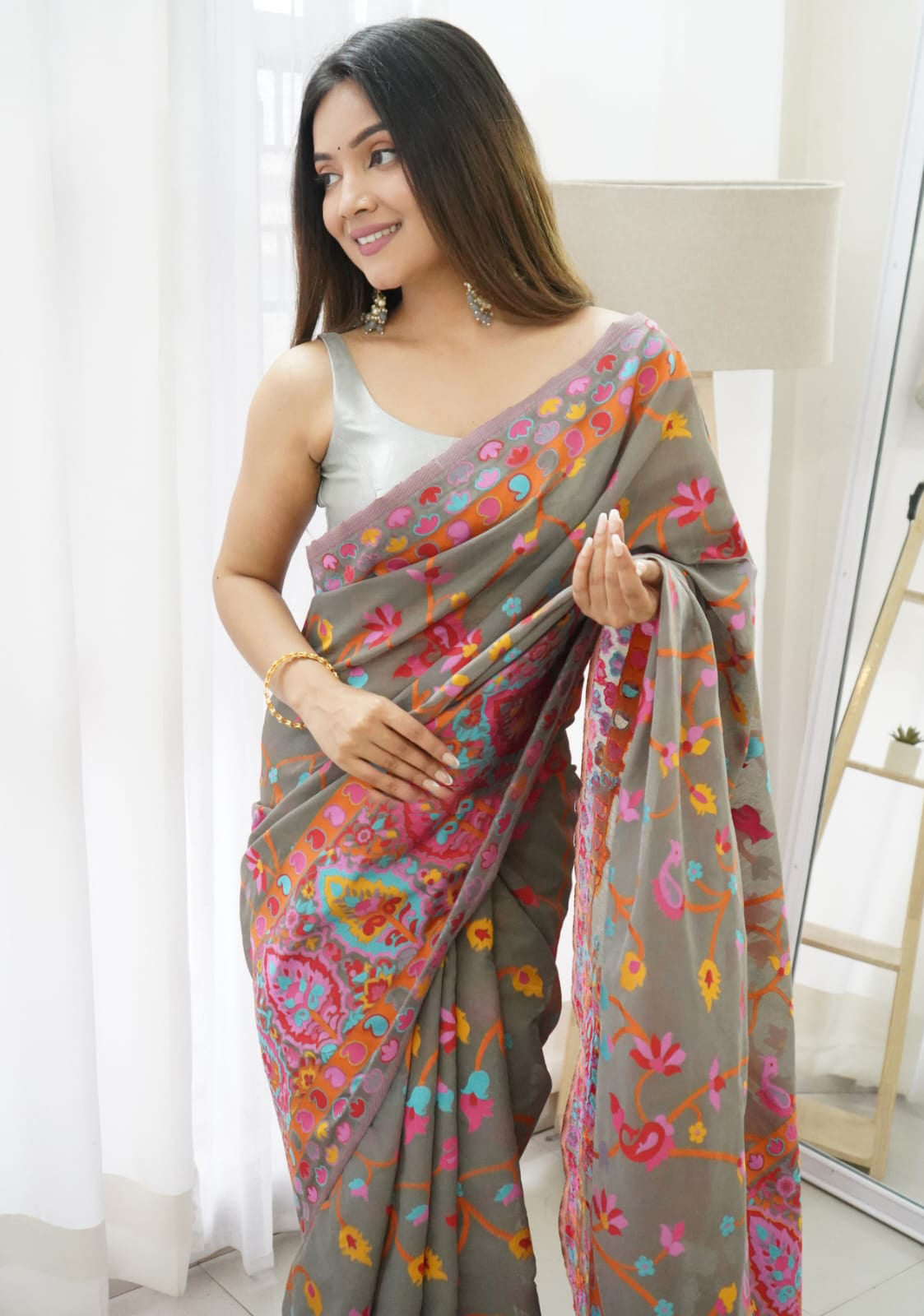 Smoky Grey Kashmiri Modal Pashmina Silk Saree