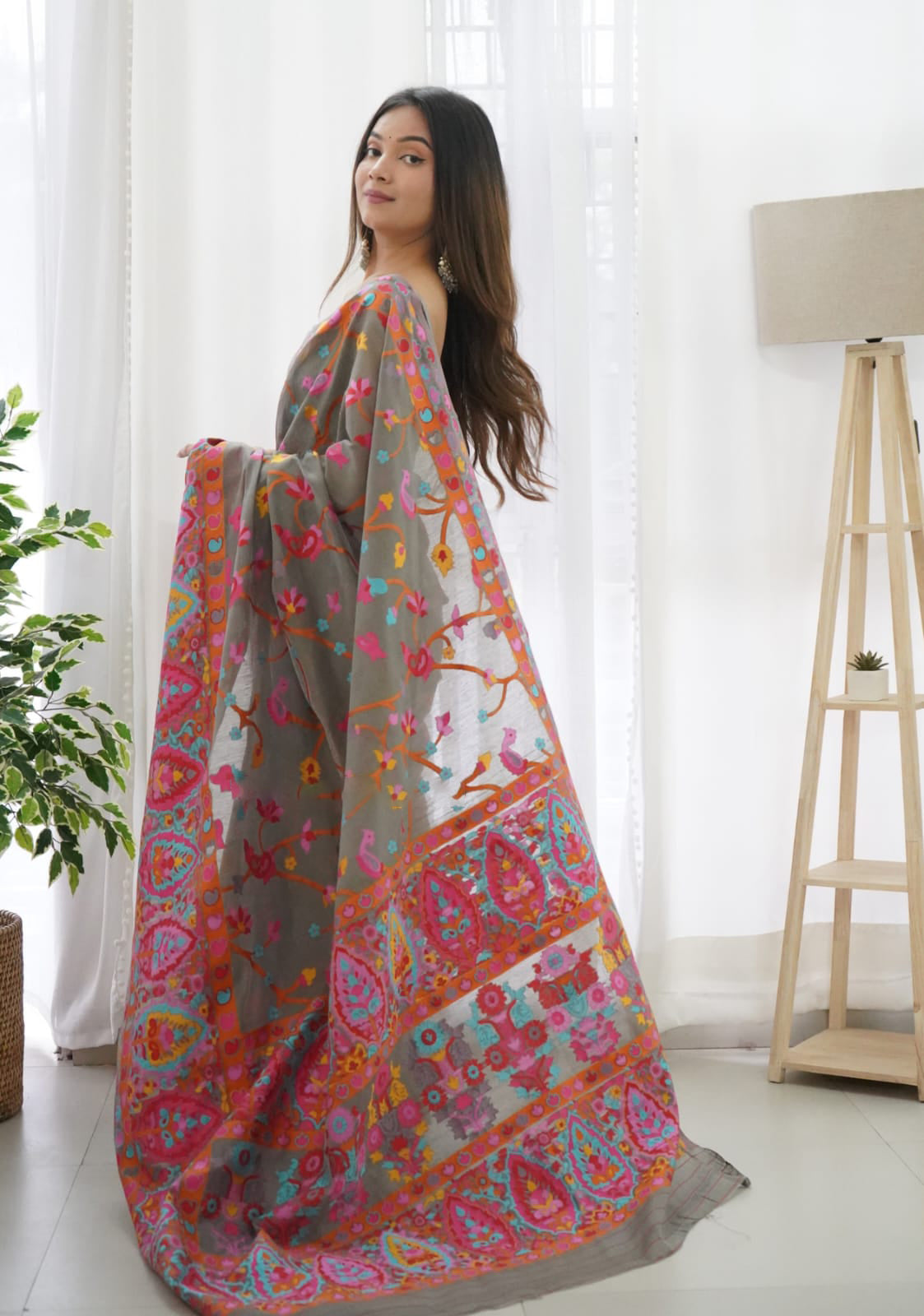 Smoky Grey Kashmiri Modal Pashmina Silk Saree