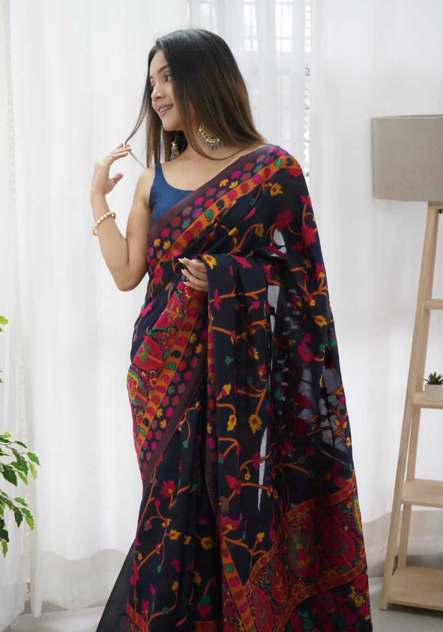 Midnight Blue Kashmiri Modal Pashmina Silk Saree