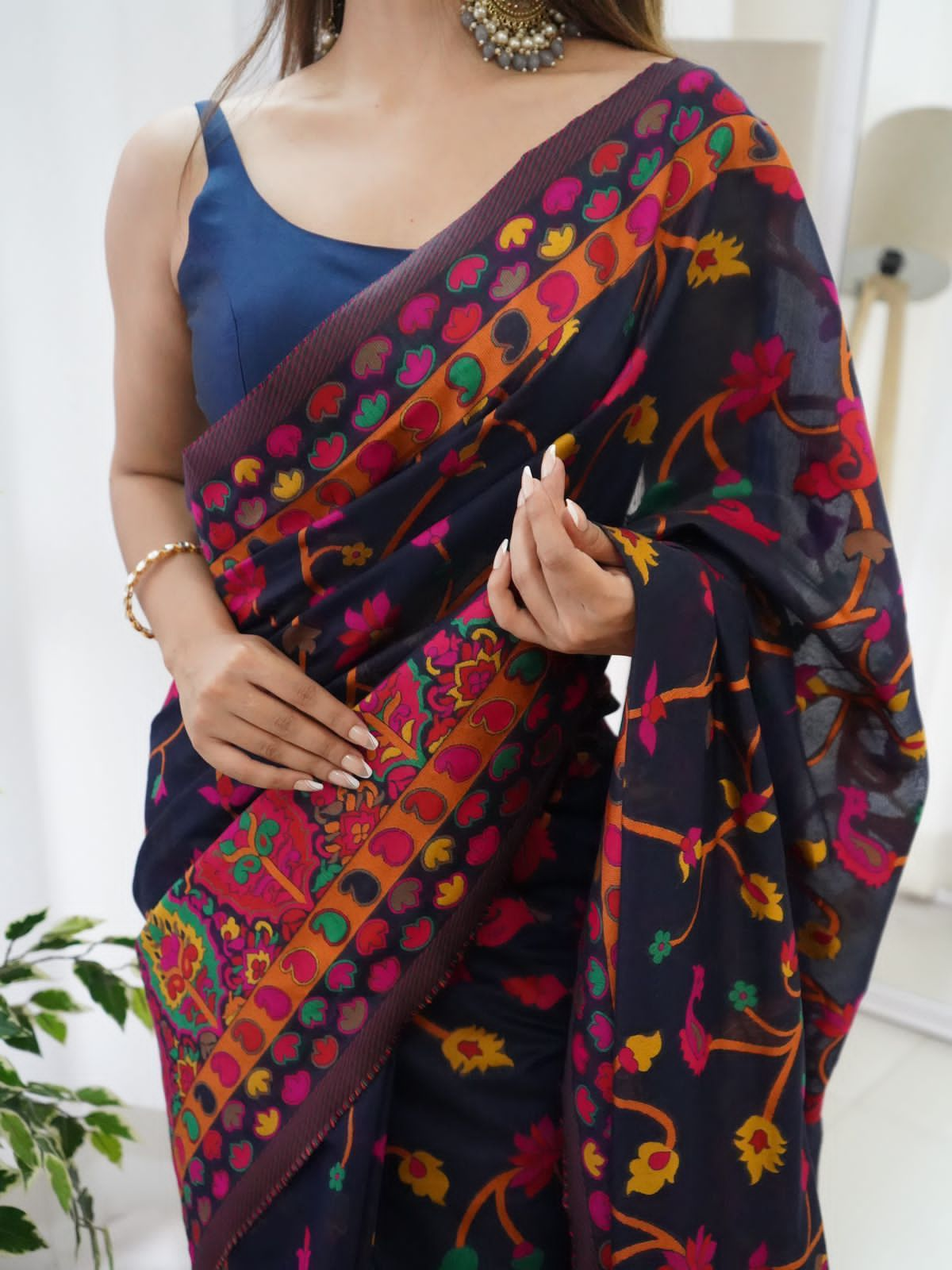 Midnight Blue Kashmiri Modal Pashmina Silk Saree