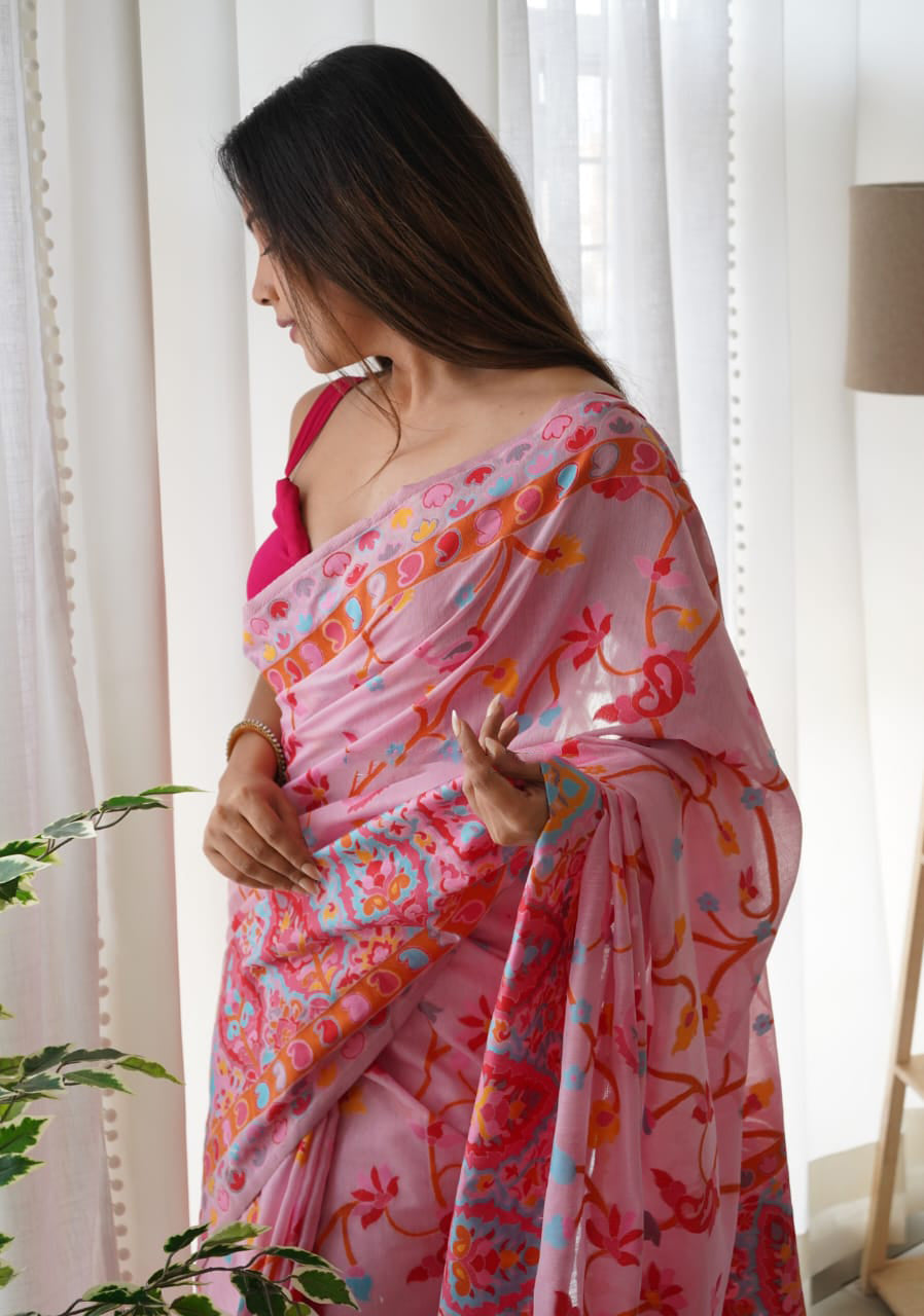 Rosy Pink Kashmiri Modal Pashmina Silk Saree