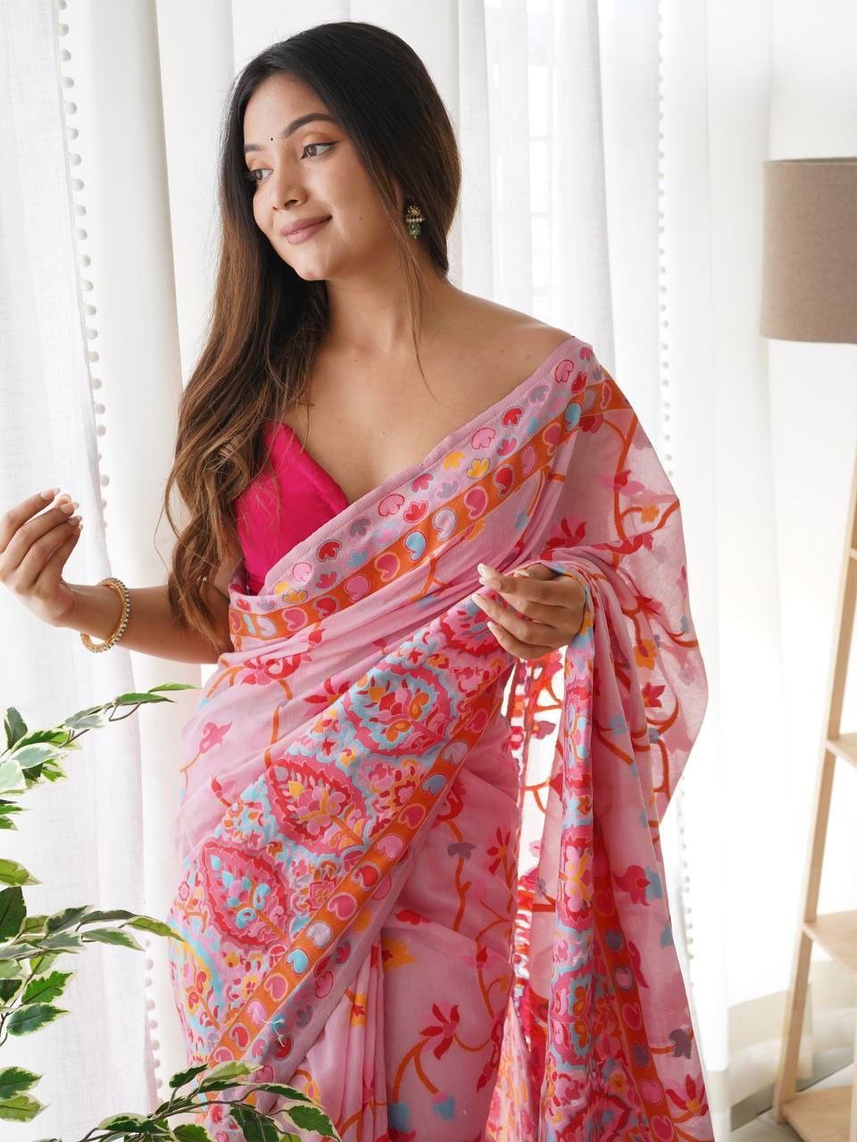 Rosy Pink Kashmiri Modal Pashmina Silk Saree