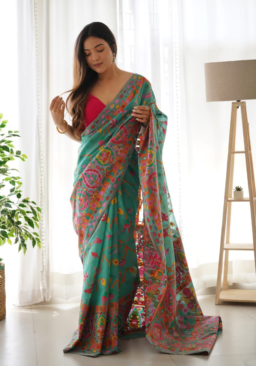 Dusty Teal Kashmiri Modal Pashmina Silk Saree