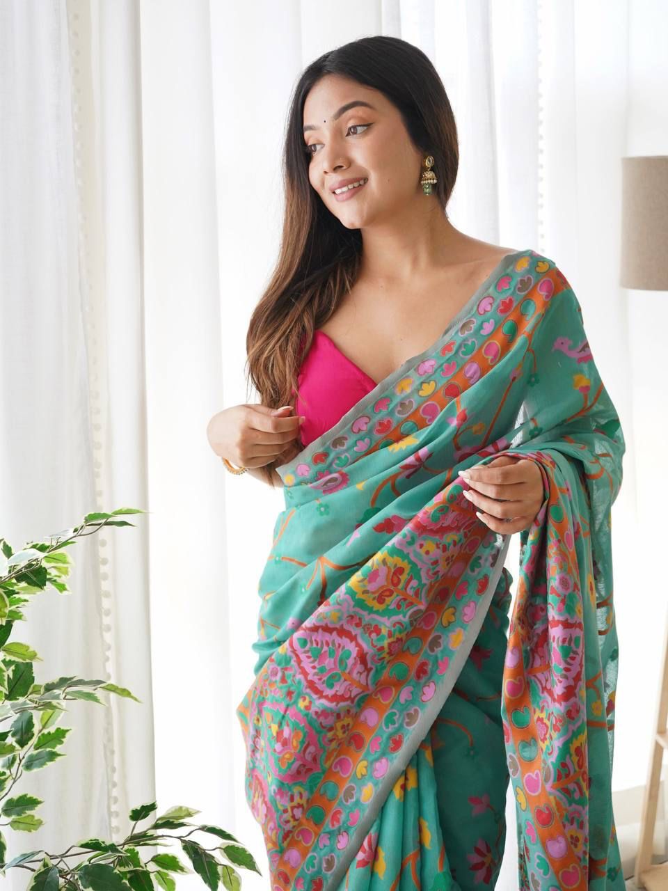 Dusty Teal Kashmiri Modal Pashmina Silk Saree