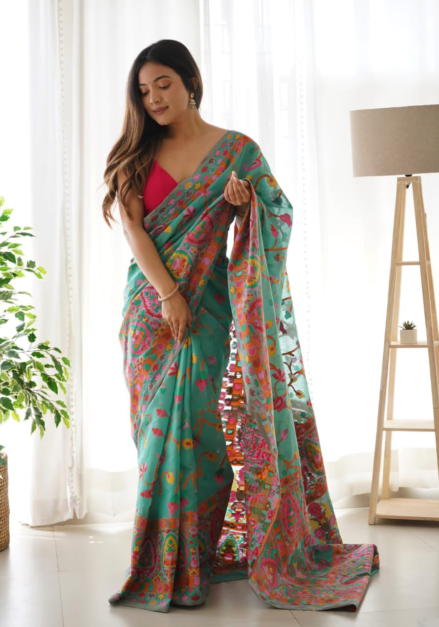 Dusty Teal Kashmiri Modal Pashmina Silk Saree