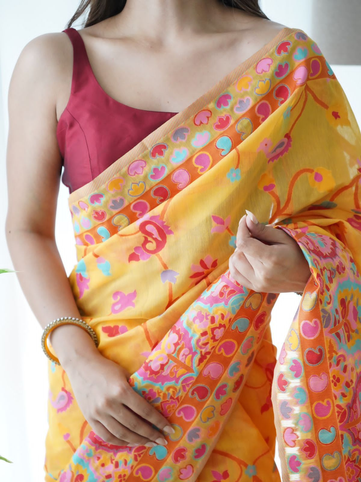 Sunflower Yellow Kashmiri Modal Pashmina Silk Saree