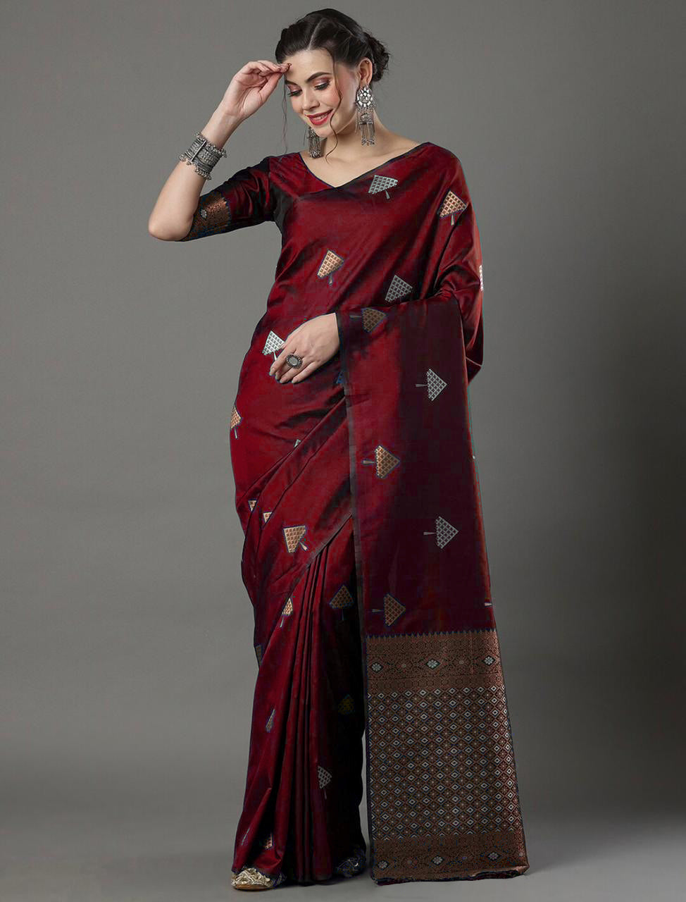 Transcendent Maroon Soft Silk Saree With Devastating Blouse Piece