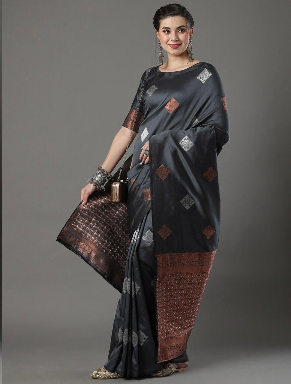 Snappy Grey Soft Silk Saree With Petrichor Blouse Piece