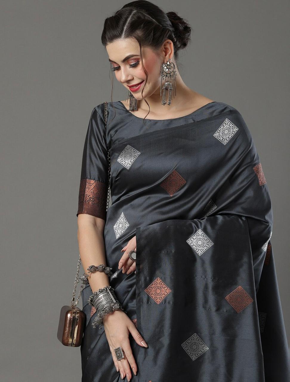 Snappy Grey Soft Silk Saree With Petrichor Blouse Piece