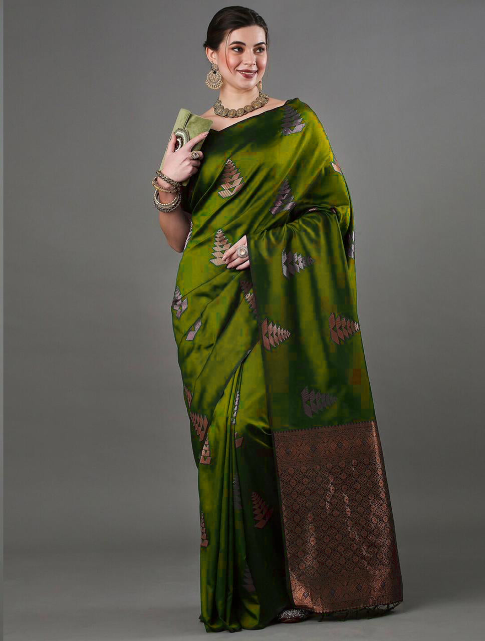 Scrumptious Mahndi Soft Silk Saree With Hypnotic Blouse Piece
