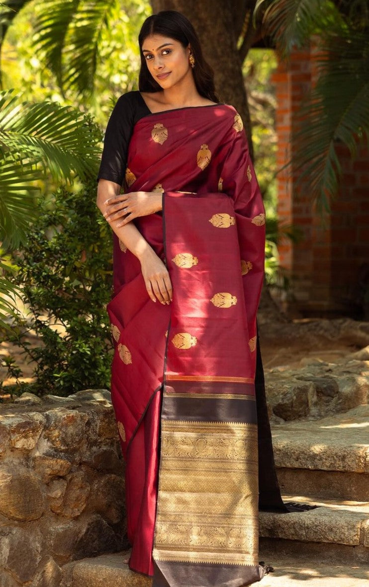 Woebegone Maroon Soft Silk Saree With Precious Blouse Piece