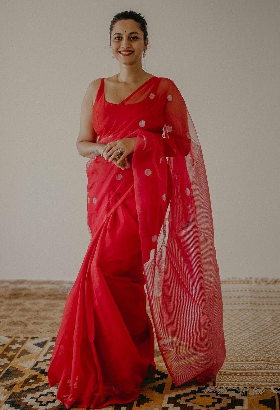 Scarlet Red Maheshawari Cotton Silk Saree