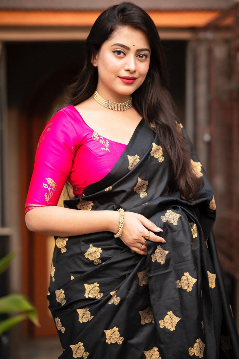 Capricious Black and Dark Pink Soft Silk Saree With Precious Blouse Piece