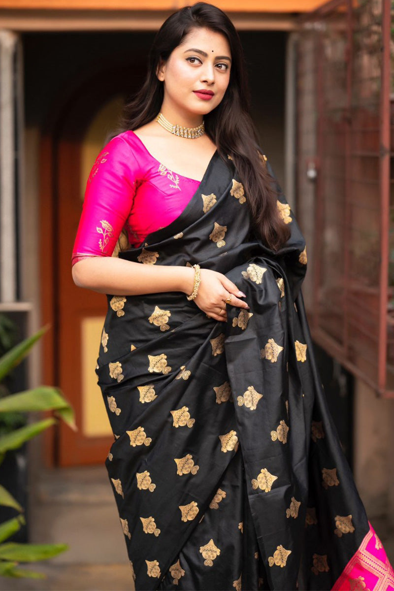Capricious Black and Dark Pink Soft Silk Saree With Precious Blouse Piece