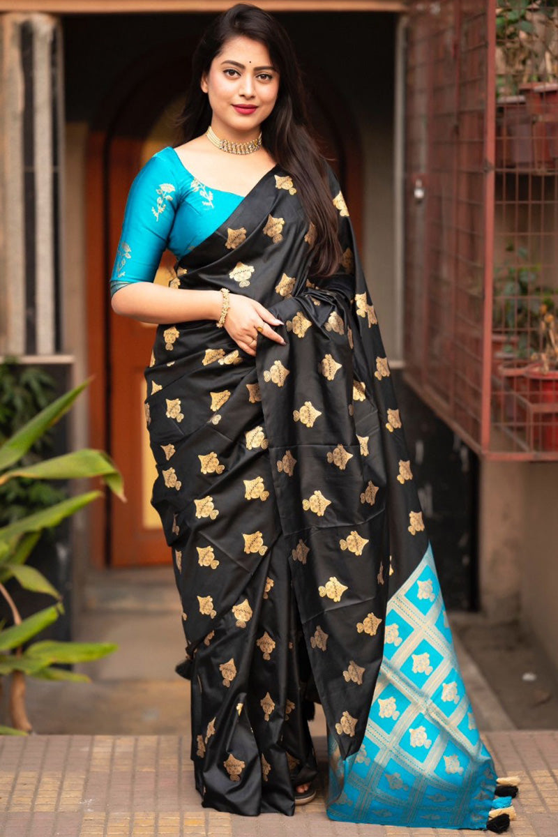 Stylish Black and Firozi Soft Silk Saree With Arresting Blouse Piece