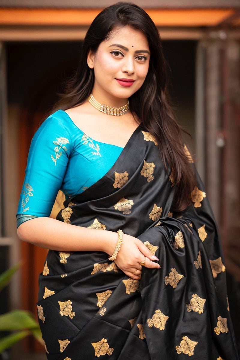 Stylish Black and Firozi Soft Silk Saree With Arresting Blouse Piece
