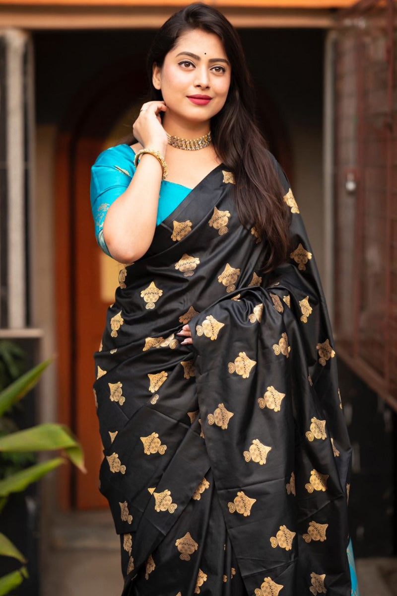 Stylish Black and Firozi Soft Silk Saree With Arresting Blouse Piece