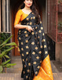Skinny Black and Mustard Soft Silk Saree With Outstanding Blouse Piece