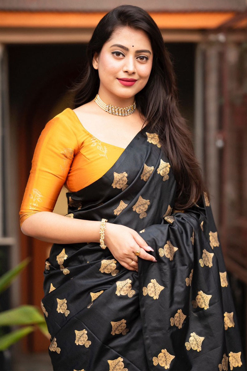Skinny Black and Mustard Soft Silk Saree With Outstanding Blouse Piece
