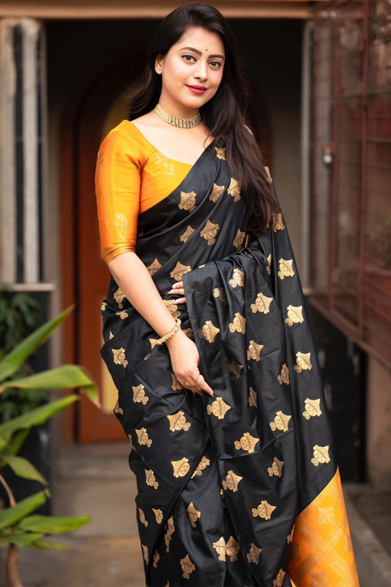Skinny Black and Mustard Soft Silk Saree With Outstanding Blouse Piece