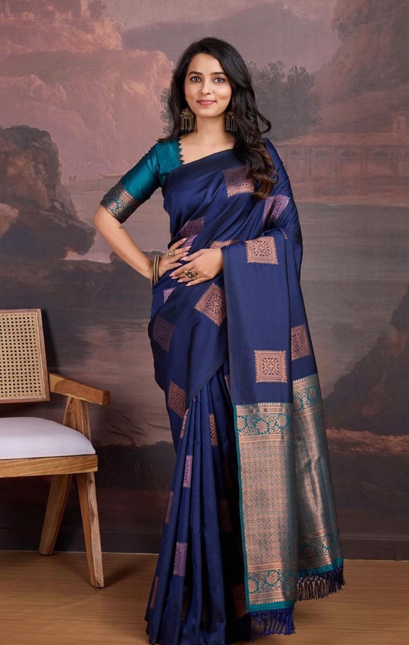 Stylish Navy Blue Soft Silk Saree With Imaginative Blouse Piece