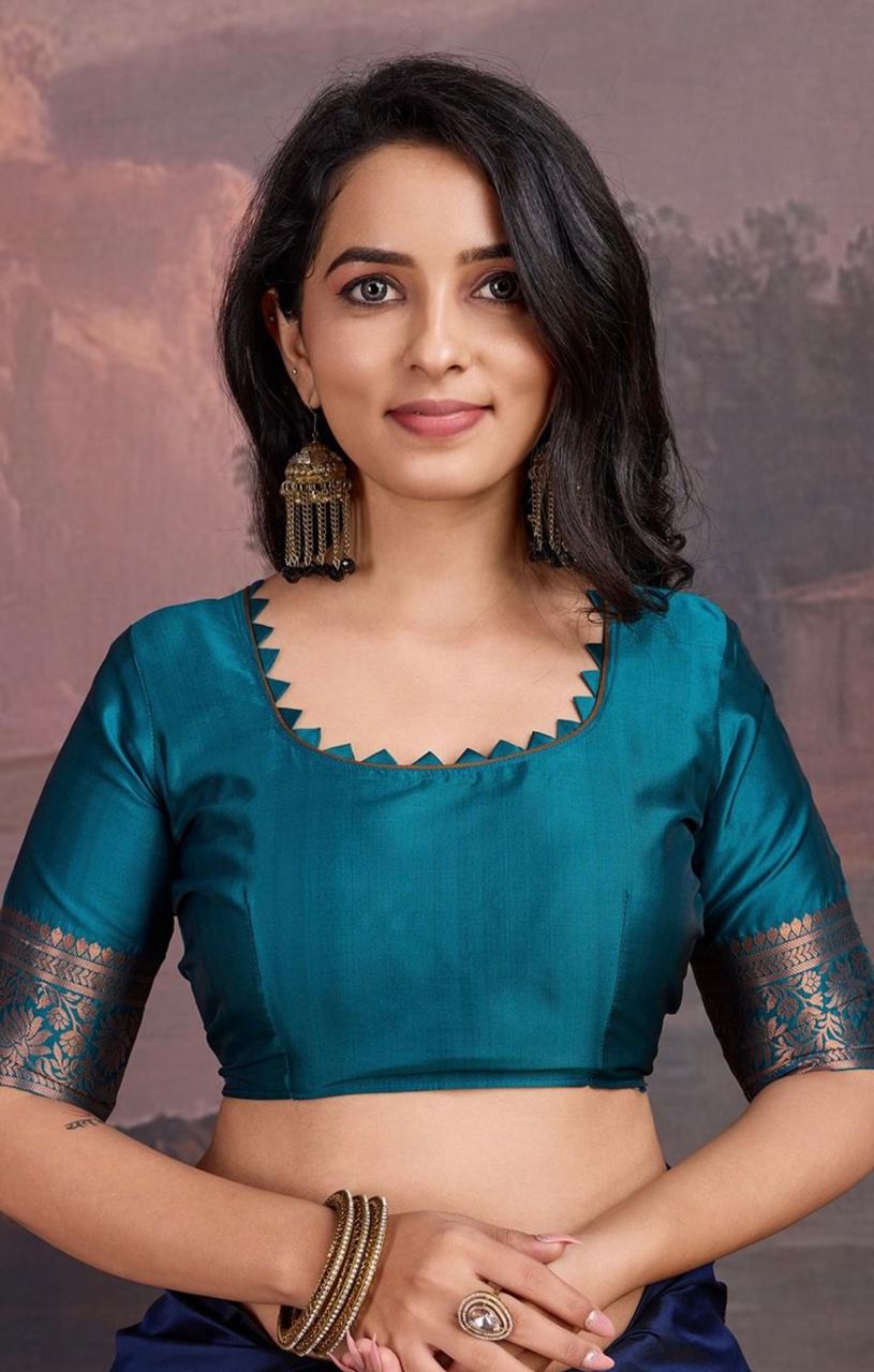 Stylish Navy Blue Soft Silk Saree With Imaginative Blouse Piece