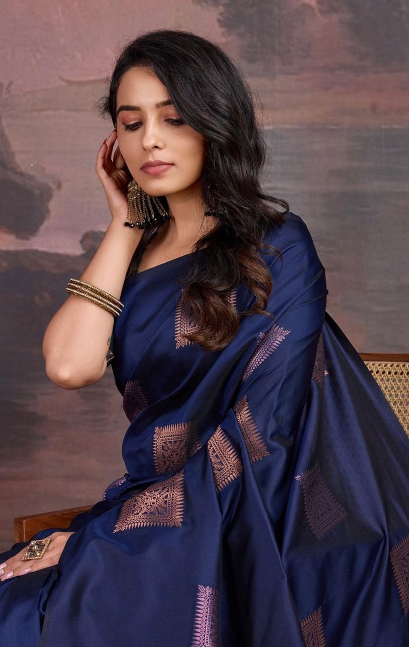 Stylish Navy Blue Soft Silk Saree With Imaginative Blouse Piece