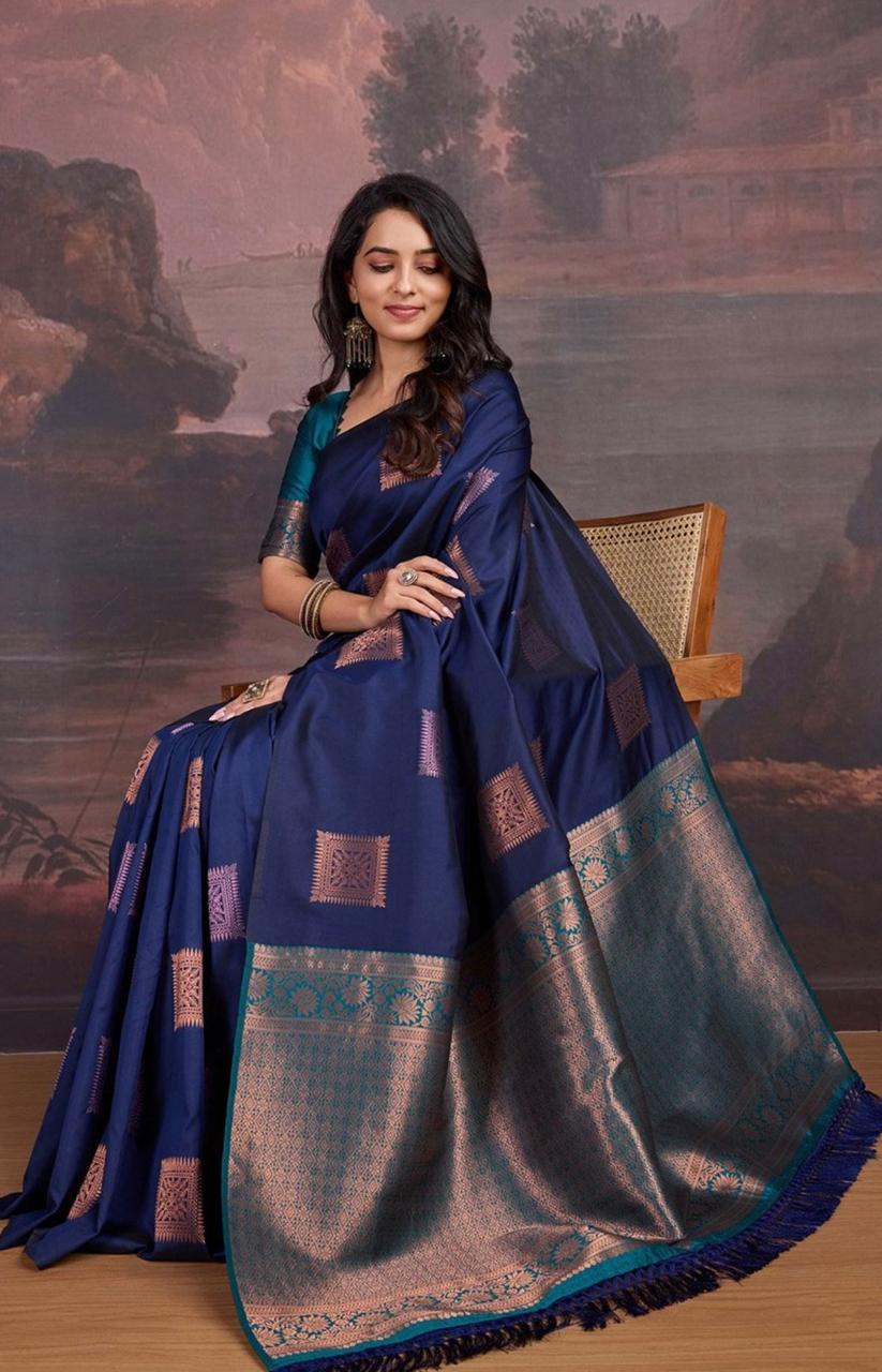 Stylish Navy Blue Soft Silk Saree With Imaginative Blouse Piece