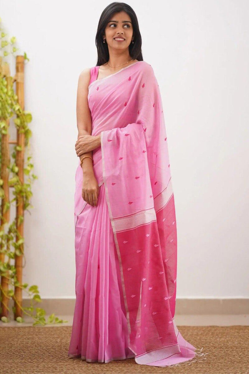 Surpassing Pink Cotton Silk Saree With Murmurous Blouse Piece