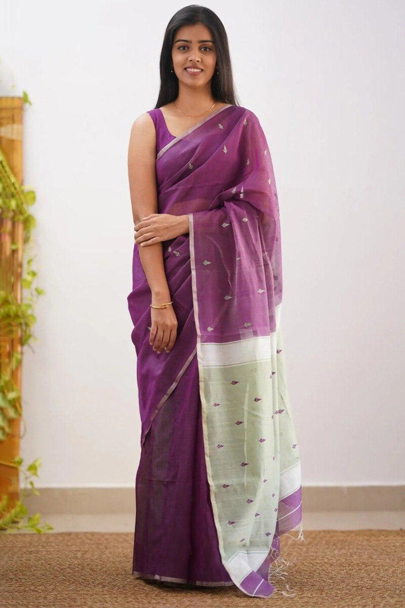 Traditional Purple Cotton Silk Saree With Panache Blouse Piece